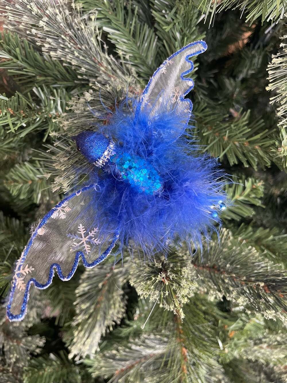 Blue glitter and feather bird Christmas ornament